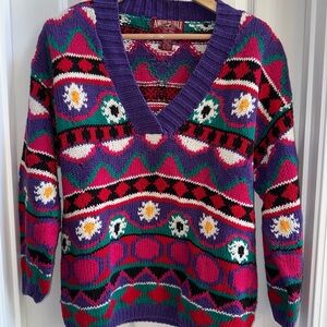 Vintage American Eagle Outfitters Sweater Vibrant Multi L Vneck Grannycore Knit